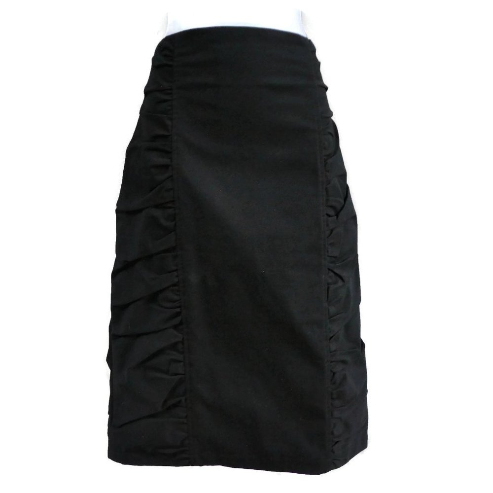 Nanette Lepore Skirt Black Ruched Hips Exposed Zip Knee Cotton Lycra USA 10